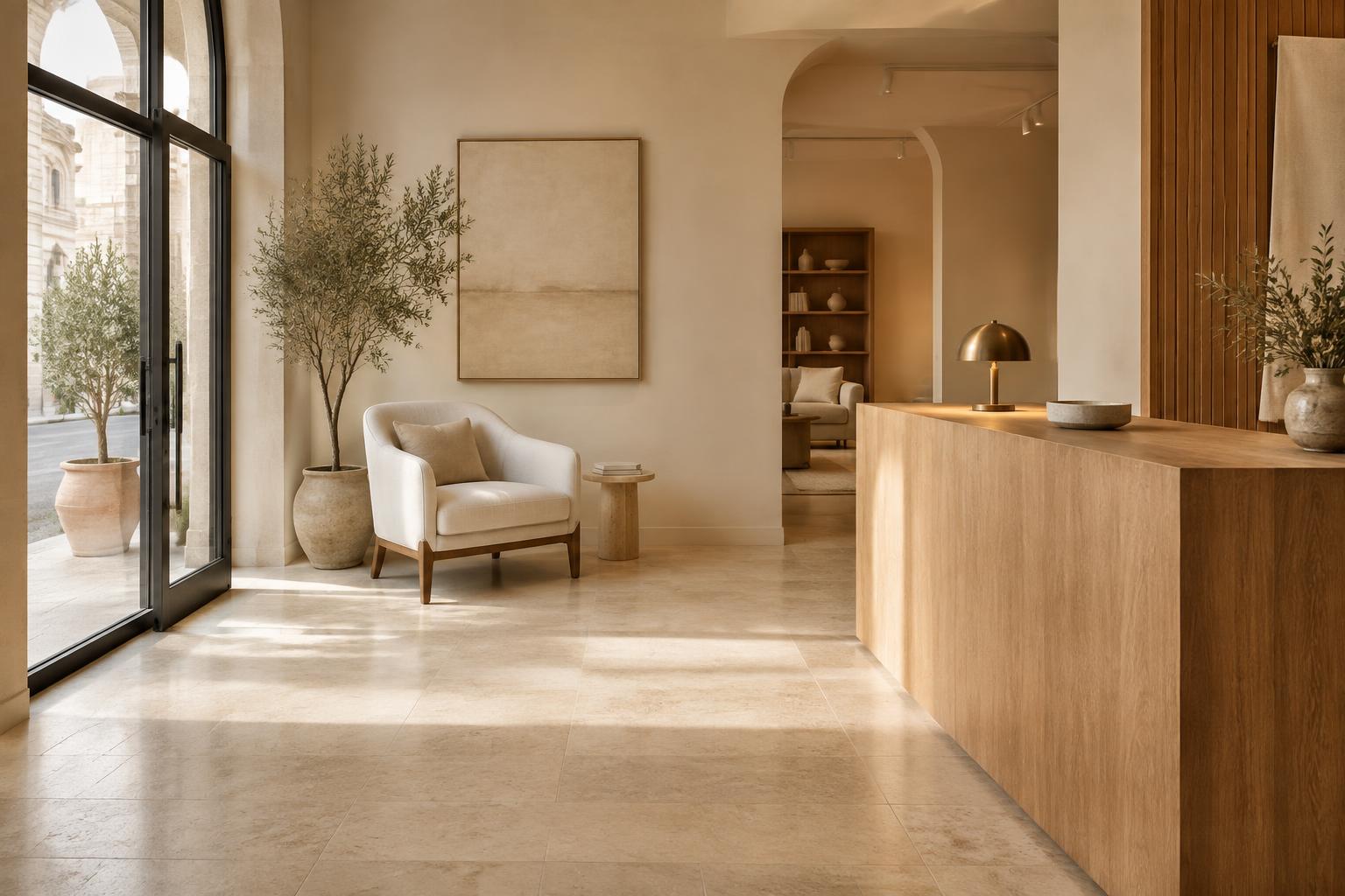 Accoglienza dello showroom: poltrona in lino, banco in rovere e luce naturale dall'ingresso