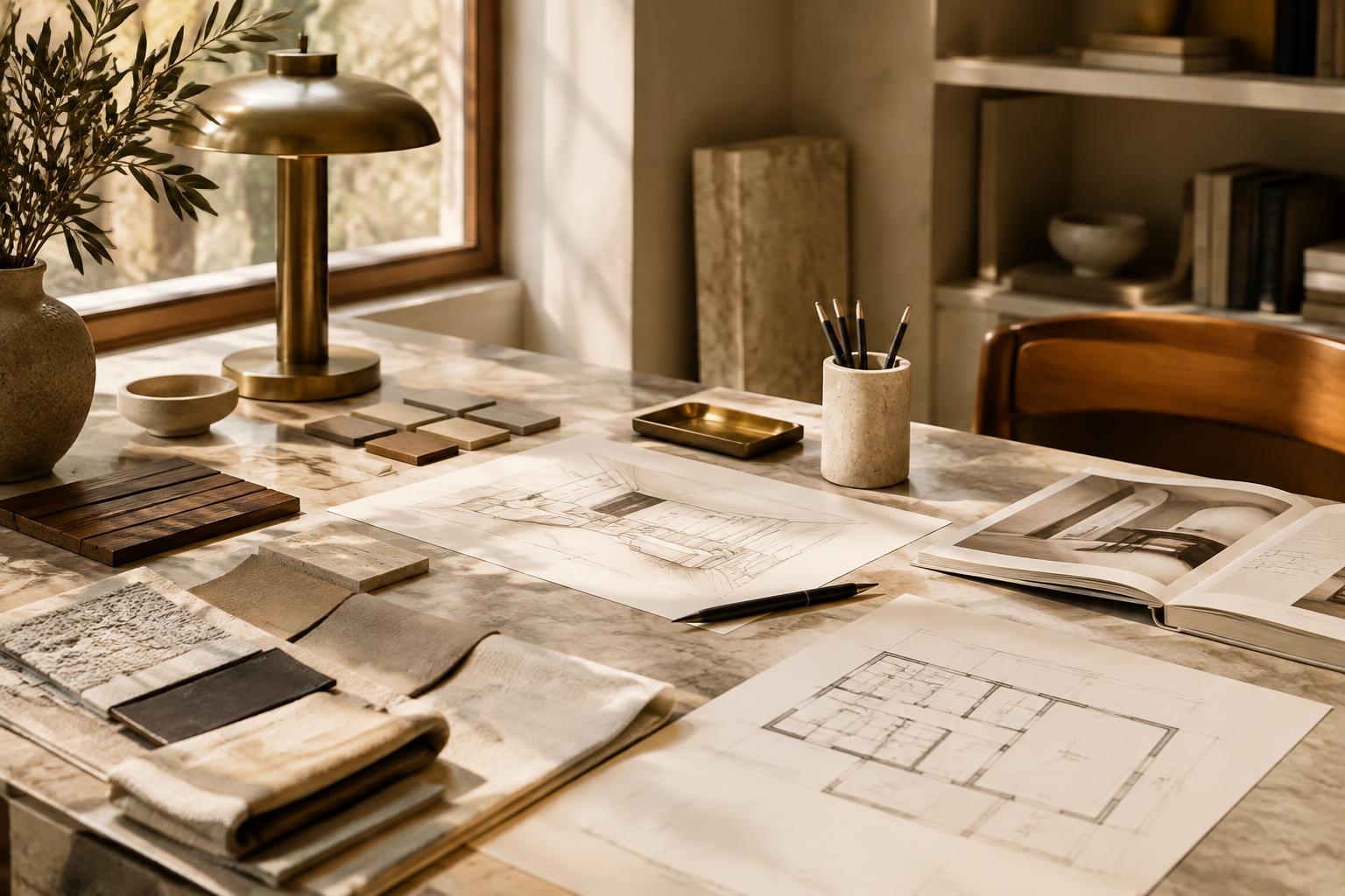 Piano di consulenza con planimetrie disegnate a mano e campioni di pietra, legno e tessuto
