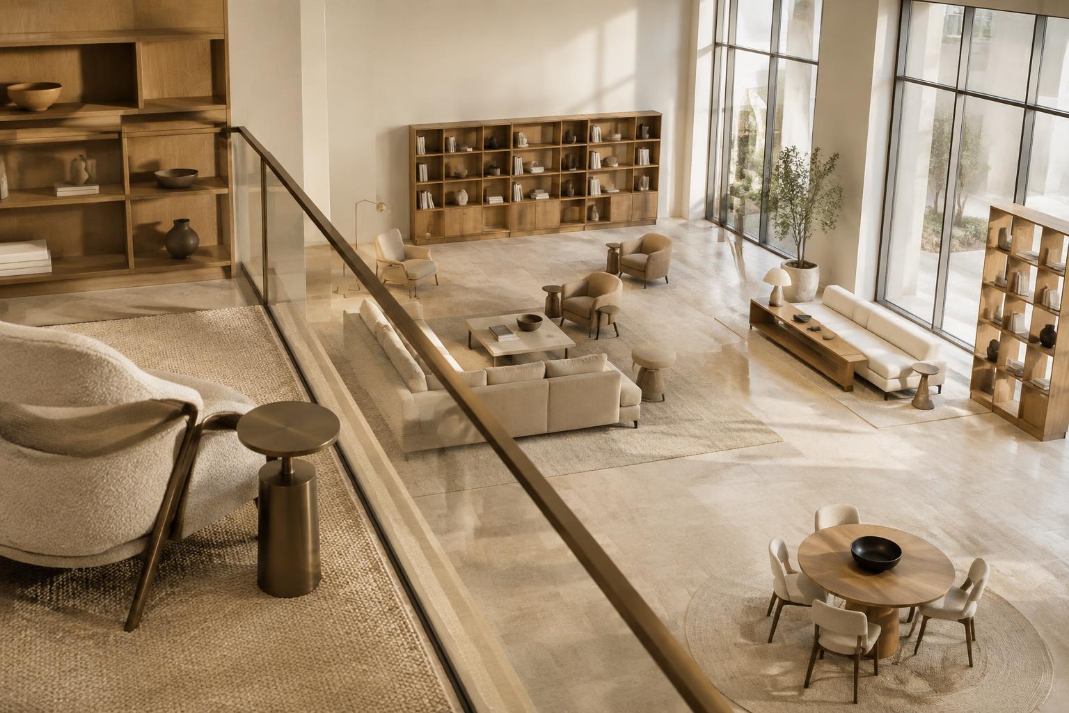 Lo showroom visto dal soppalco: sedute, sistemi giorno e tappeti in un ampio spazio con luce naturale