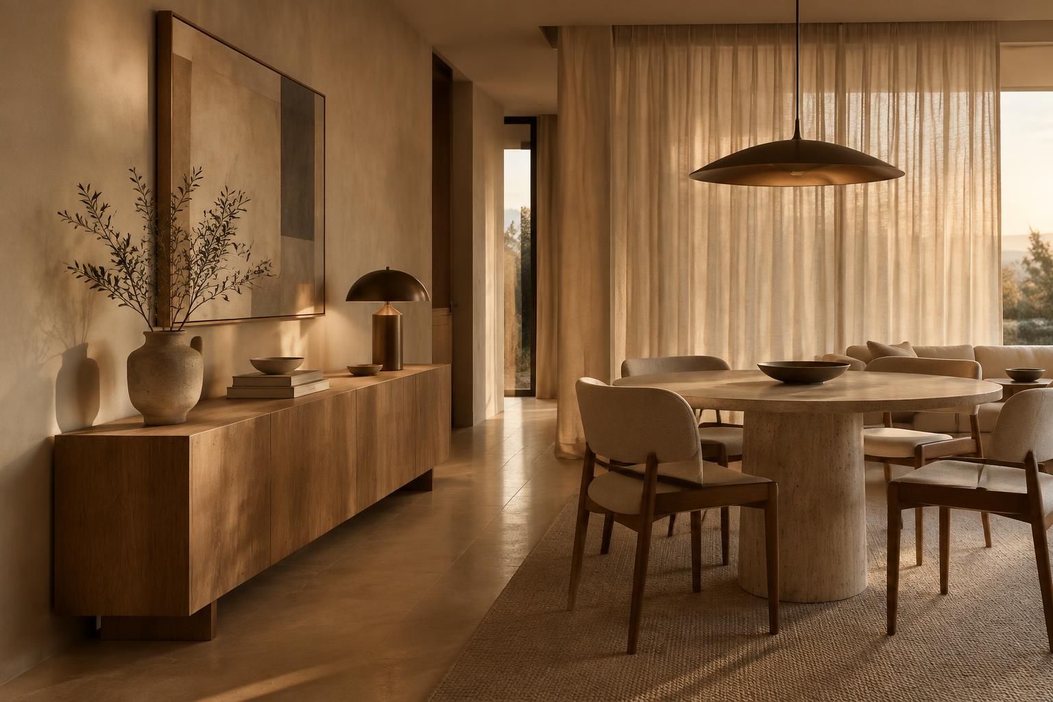 Zona pranzo contemporanea con madia in rovere, tavolo tondo in travertino e tende in lino