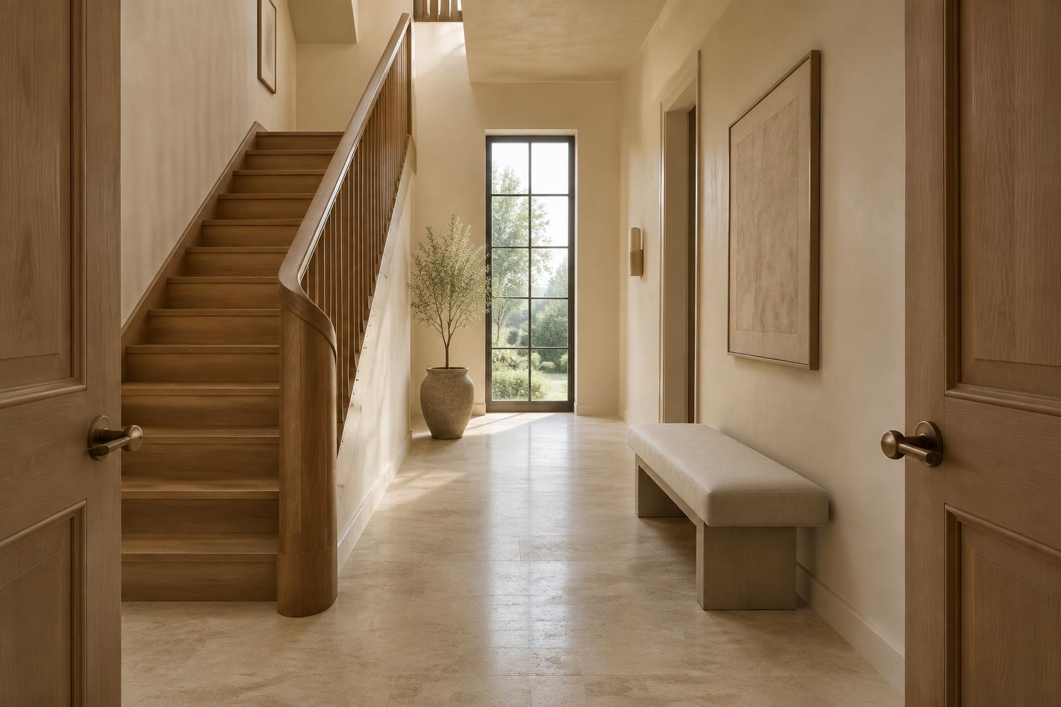 Corridoio residenziale con scala in rovere, panca imbottita e luce naturale da una finestra alta